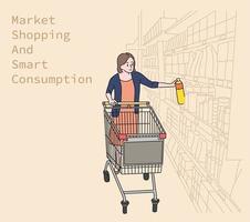 A woman choosing something in the supermarket. hand drawn style vector design illustrations.