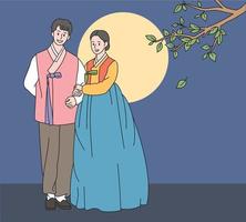 A couple in traditional Korean clothes are standing and there is a large moon in the background. hand drawn style vector design illustrations.