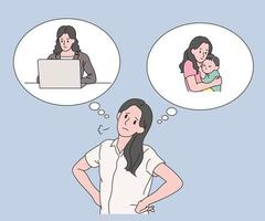 A woman is struggling during work and child-rearing. hand drawn style vector design illustrations.