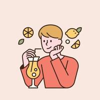 A boy is drinking lemonade. flat design style minimal vector illustration.