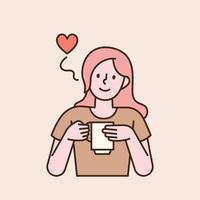 A pretty woman is drinking coffee with a mug in her hand. flat design style minimal vector illustration.