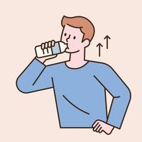 un hombre bebe agua de una botella de agua. Ilustración de vector mínimo de estilo de diseño plano.