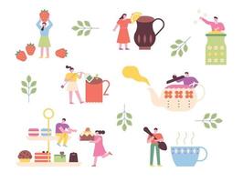 People are having tea time with giant teapots and desserts. flat design style minimal vector illustration.