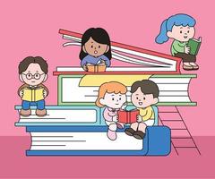 There are large books piled up and cute characters are sitting and reading books. hand drawn style vector design illustrations.