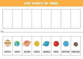 Sort Solar system planets by order. Space worksheet for children. vector