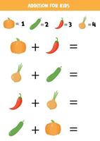 Addition for kids with cartoon vegetables.  Math game for kids. vector