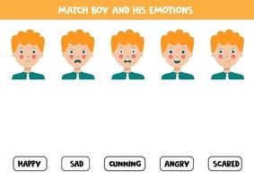 Match face expressions of boy with emotions. Logical worksheet. vector