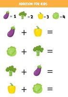 Addition for kids with eggplant, cabbage, pepper and broccoli. vector