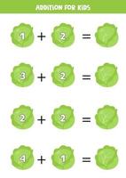 Addition with cartoon cabbage. Math game for kids. vector