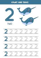 Handwriting practice for kids. Number two. Cartoon narwhals. vector