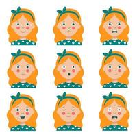 Set of various facial expressions of cute cartoon red haired girl. vector