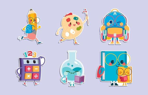 Cute School Cartoon Characters with Activities Stickers
