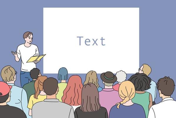 A man is giving a presentation at the pulpit, and many are listening. hand drawn style vector design illustrations.