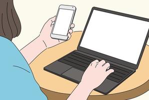 A woman is holding a smartphone in one hand and working on a laptop in the other. hand drawn style vector design illustrations.