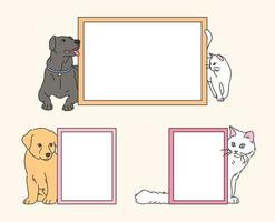 Cute dogs and cats around empty framed frames. hand drawn style vector design illustrations.