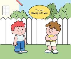 Two boys are standing in the yard and having a conversation. They don't look friendly. hand drawn style vector design illustrations.