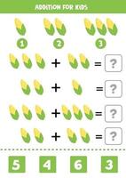 Además con mazorcas de maíz de dibujos animados. juego de matemáticas para niños. vector