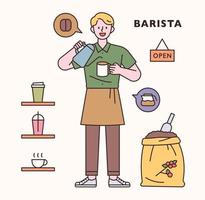 conjunto de iconos y caracteres de baristar. Ilustración de vector mínimo de estilo de diseño plano.