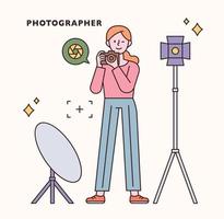 personaje de fotógrafo y conjunto de iconos. Ilustración de vector mínimo de estilo de diseño plano.