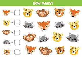 Counting game for kids. Cute animals face. Math worksheet. vector