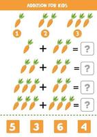 Addition for kids with cartoon carrot. Educational math game. vector