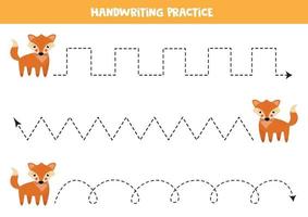 Tracing lines with cute cartoon fox. Handwriting practice. vector