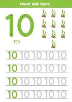 Tracing the number 10. Cartoon sea weeds. vector