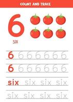 Worksheet for learning numbers and letters with cartoon tomatoes. Number six. vector