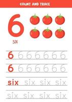 Worksheet for learning numbers and letters with cartoon tomatoes. Number six. vector