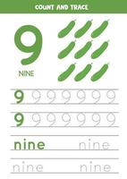 Worksheet for learning numbers and letters with cartoon cucumbers. Number nine. vector