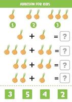 Addition with cartoon onion. Math game for kids. vector