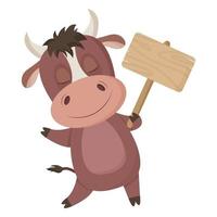 Cute bull in cartoon style with a sign for placing text. Vector illustration isolated on a white background.