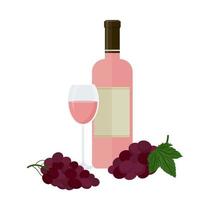 una botella de vino rosado, una copa y uvas. ilustración vectorial aislado en un fondo blanco. vector
