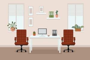 oficina cómoda con ventanas, sillas de oficina, escritorio, flores en las ventanas, computadora y café vector