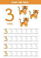 Worksheet for learning numbers with cute elephants. Number three. vector