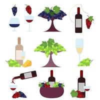 A set of wine bottles and glasses combined with grapes and cheese. Vector set isolated on a white background.