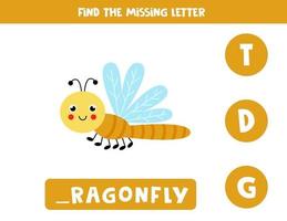 Find missing letter with cute dragonfly. Spelling worksheet. vector
