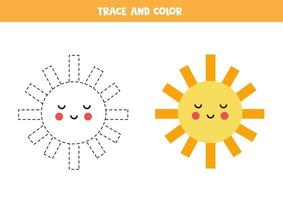 Trace and color cute Sun. Worksheet for kids. vector
