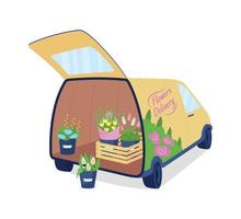 Flower delivery auto with opened trunk flat color vector object