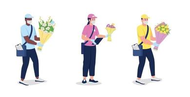 Couriers in mask and gloves with flowers flat color vector detailed character set