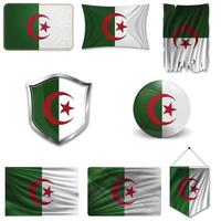 Set of the national flag of Algeria in different designs on a white background. Realistic vector illustration.