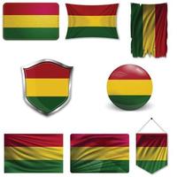 Set of the national flag of Bolivia in different designs on a white background. Realistic vector illustration.