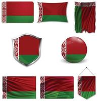 Set of the national flag of Belarus in different designs on a white background. Realistic vector illustration.