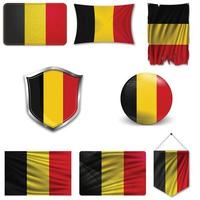 Set of the national flag of Belgium in different designs on a white background. Realistic vector illustration.