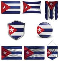 conjunto de la bandera nacional de cuba en diferentes diseños sobre un fondo blanco. ilustración vectorial realista. vector