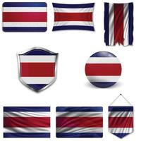 Set of the national flag of Costa Rica in different designs on a white background. Realistic vector illustration.