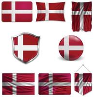 Conjunto de la bandera nacional de Dinamarca en diferentes diseños sobre un fondo blanco. ilustración vectorial realista. vector