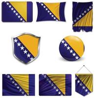 Set of the national flag of Bosnia and Herzegovina in different designs on a white background. Realistic vector illustration.