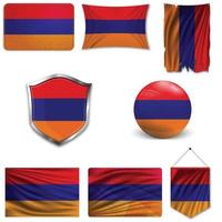 Set of the national flag of Armenia in different designs on a white background. Realistic vector illustration.