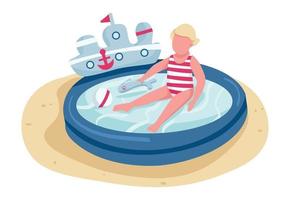 lindo niño jugando con juguetes en la piscina inflable color plano vector personaje sin rostro. Actividad de playa para niños, entretenimiento de verano, ilustración de dibujos animados aislados para diseño gráfico y animación web